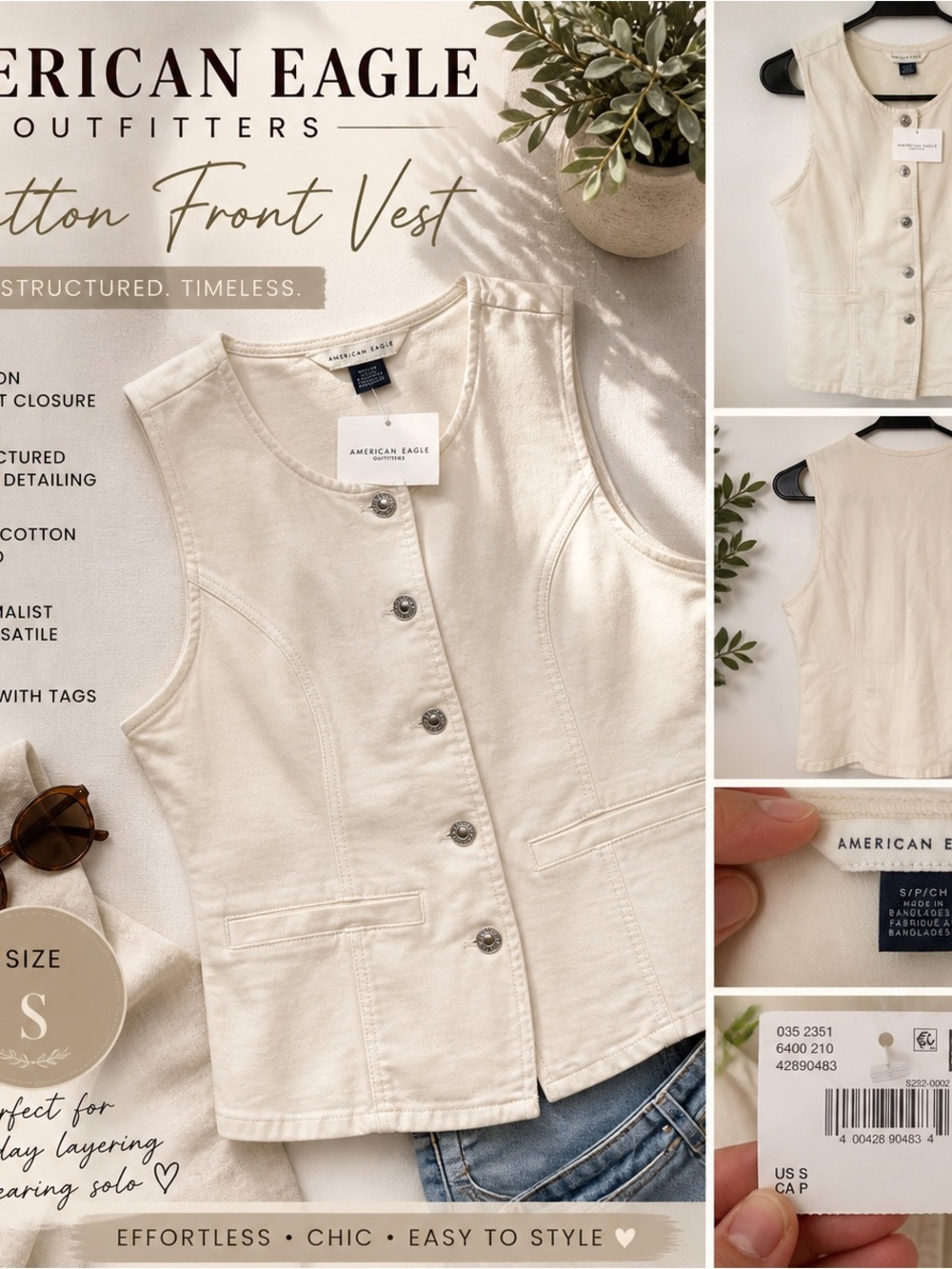 American Eagle Outfitters Cream Button-Front Cotton Vest